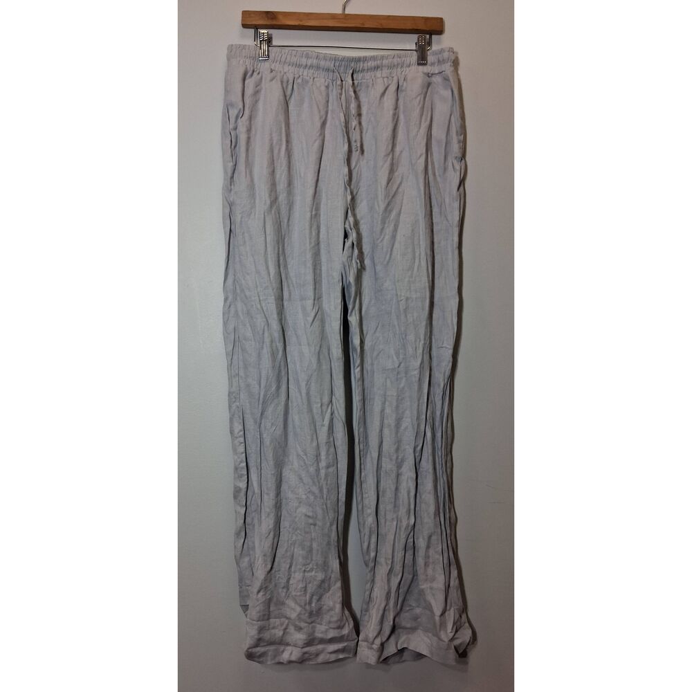 Saks fifth Ave womens large 100% linen pants light gray wide leg long ankle - Picture 3 of 10